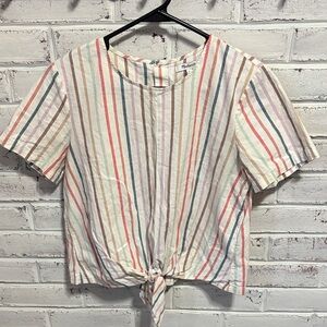 Madewell White Multicolor Vertical Stripe Tie-Front Top Size Small